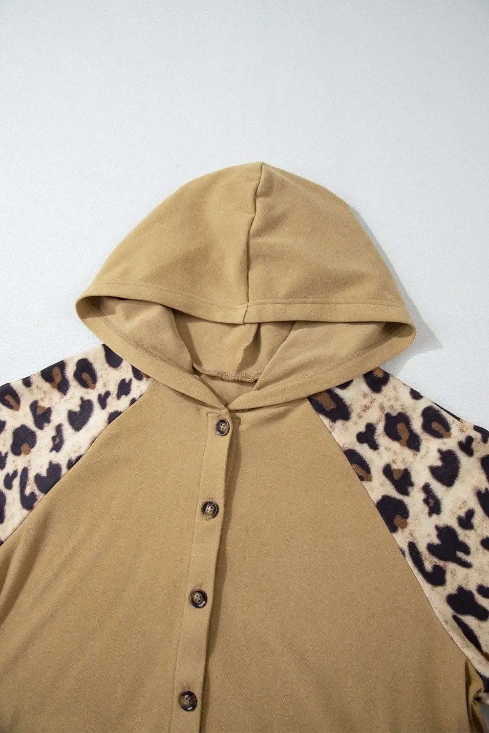 Light French Beige Leopard Print Patchwork Raglan Sleeve Half Buttons Hoodie - Love Salve